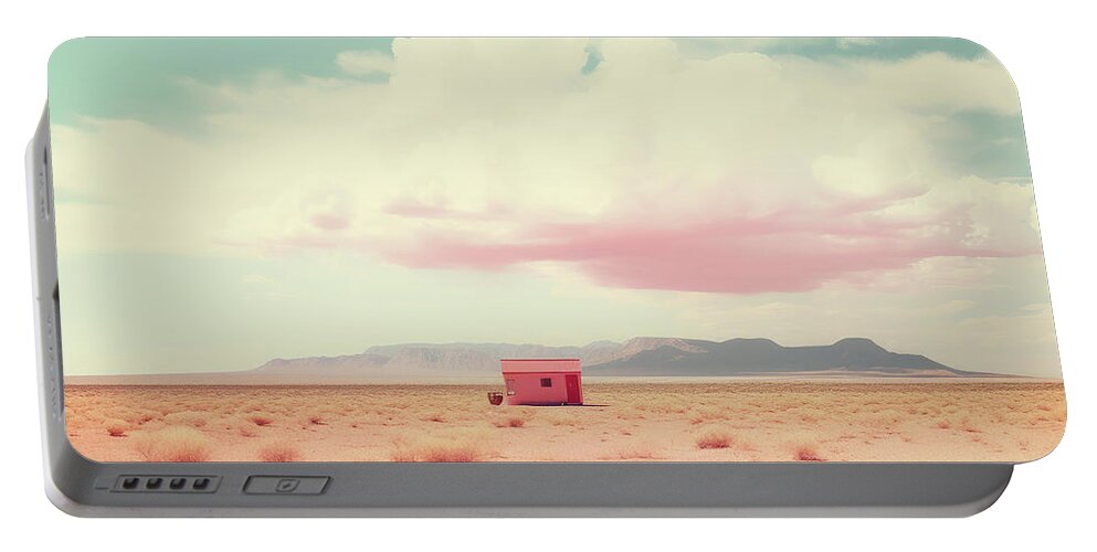 Abandoned Portable Battery Charger featuring the digital art Pink Hut in a Pale Desert by YoPedro