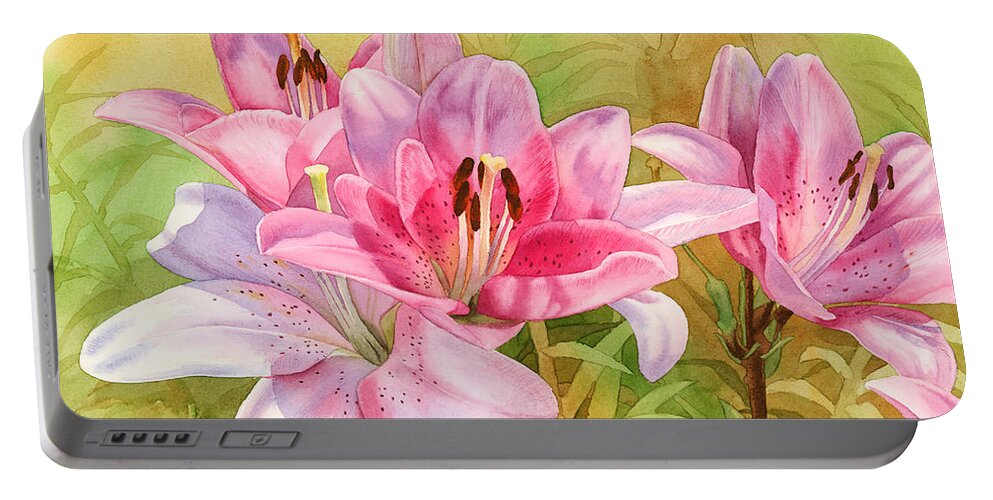 Pink Portable Battery Charger featuring the painting Pink Lilies by Espero Art