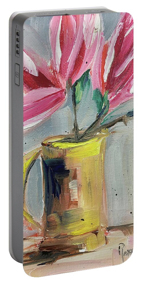 Magnolias Portable Battery Charger featuring the painting Pink Magnolias in a Yellow Porcelain Pitcher by Roxy Rich