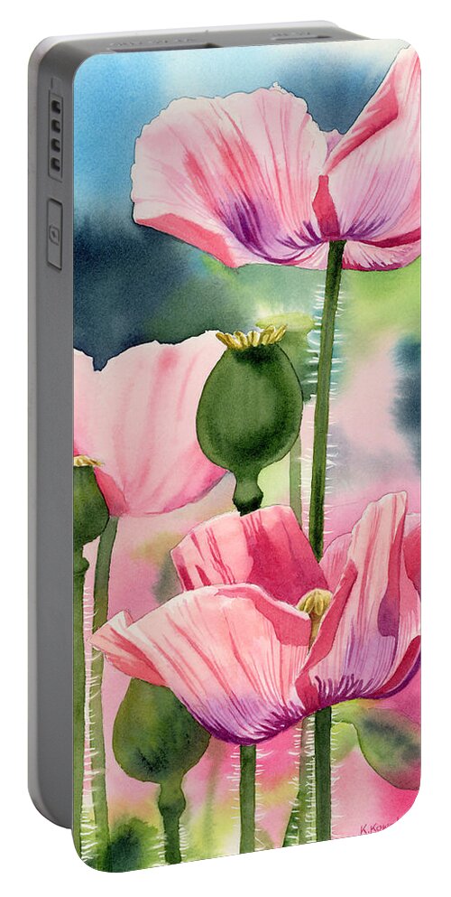 Pink Portable Battery Charger featuring the painting Pink Poppies by Espero Art