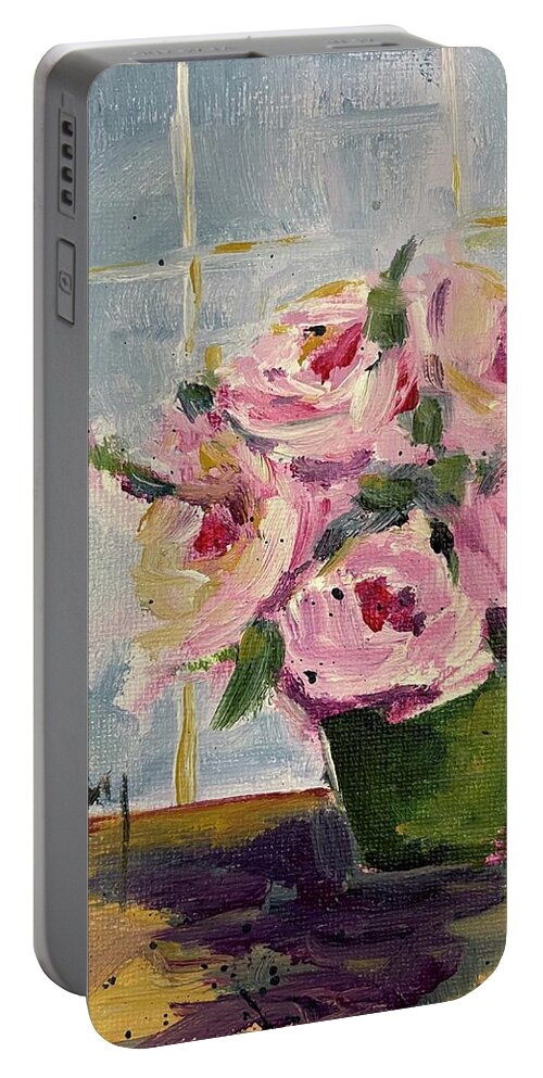 Pink Roses Portable Battery Charger featuring the painting Pink Roses by the Window by Roxy Rich