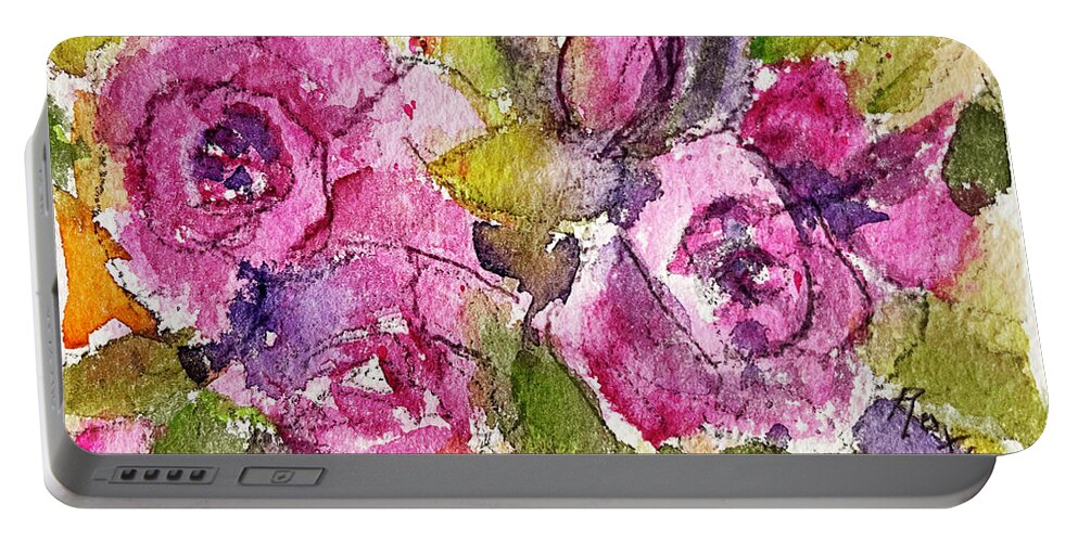 Loose Floral Portable Battery Charger featuring the painting Pink Roses by Roxy Rich