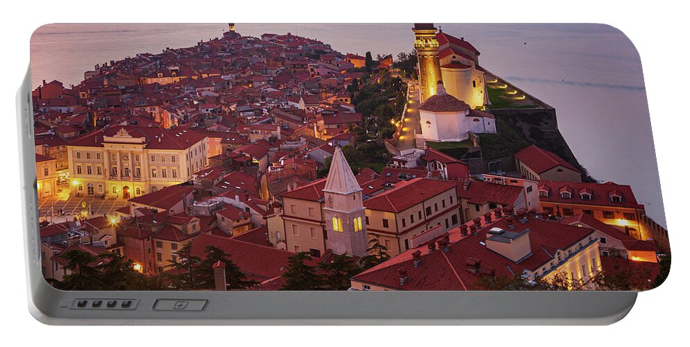 Piran Portable Battery Charger featuring the photograph Piran at dusk by Ian Middleton