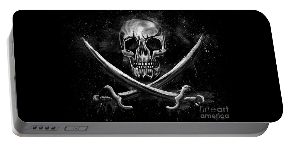 Human Skull Portable Battery Charger featuring the painting Pirate flag with human skull and swords, Jolly Rogers by Nadia CHEVREL