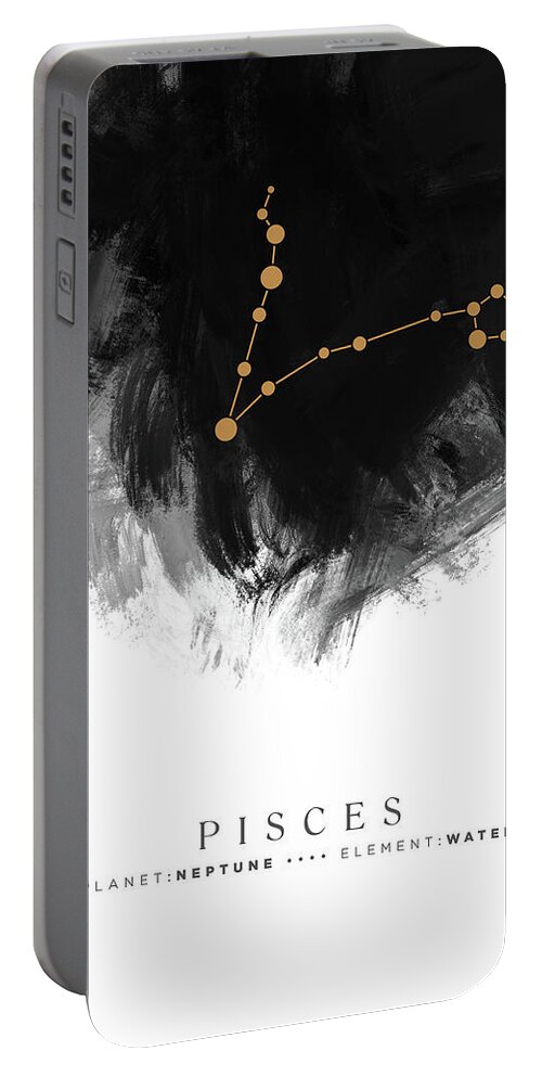 Pisces Portable Battery Charger featuring the mixed media Pisces Zodiac Sign - Minimal Print - Zodiac, Constellation, Astrology, Good Luck, Night Sky - Black by Studio Grafiikka