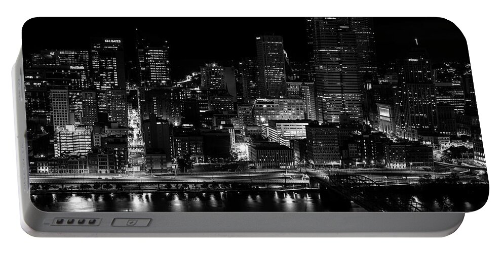 Pittsburgh At Night Black And White Portable Battery Charger featuring the photograph Pittsburgh At Night Black And White by Dan Sproul