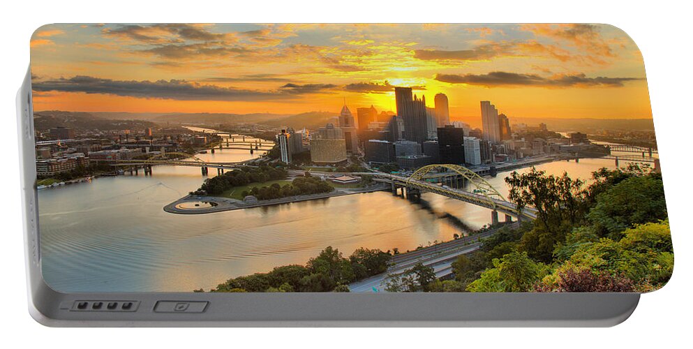 Pittsburgh Portable Battery Charger featuring the photograph Pittsburgh Mt Washington Sunrise August 2022 by Adam Jewell