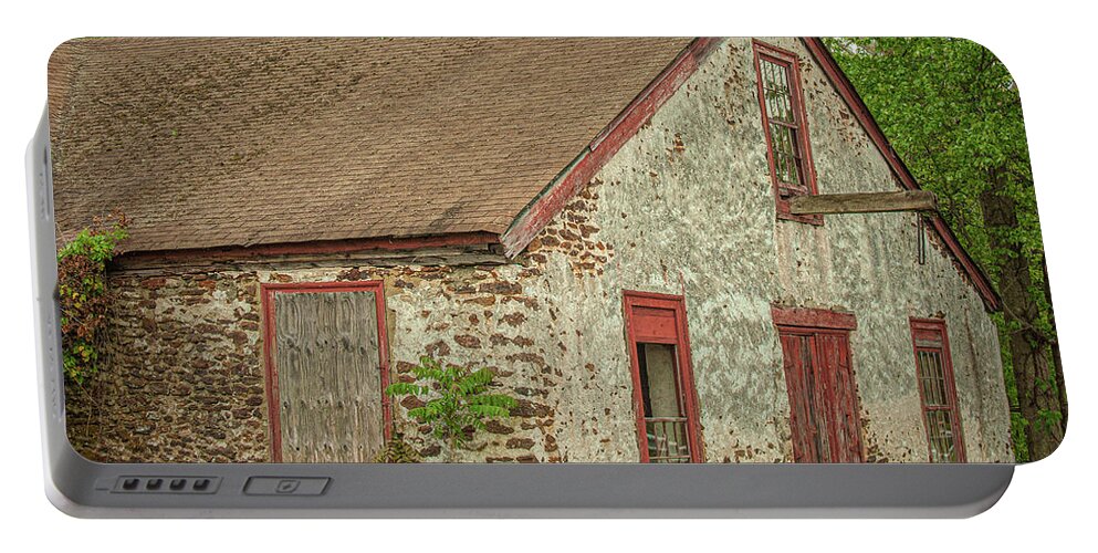 Pleasant Mills Portable Battery Charger featuring the photograph Pleasant Mills Paper Mill in Spring by Kristia Adams