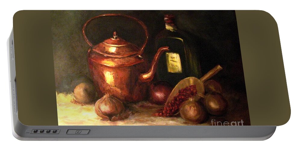 Copper Tea Kettle Portable Battery Charger featuring the painting Ordinary Pleasures by Hazel Holland