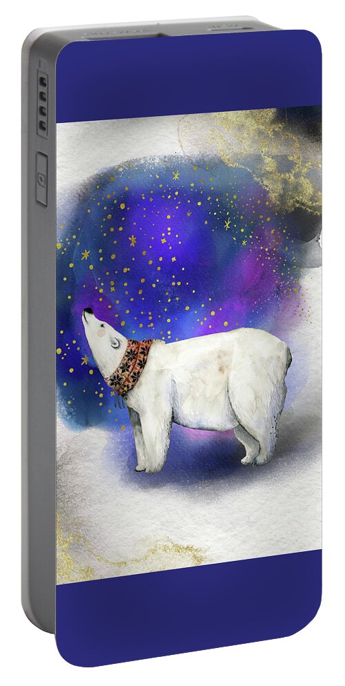 Polar Bear Portable Battery Charger featuring the painting Polar Bear With Golden Stars by Garden Of Delights