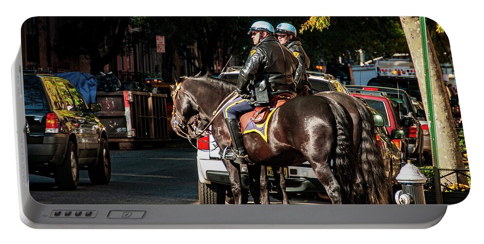 Chelsea Portable Battery Charger featuring the photograph Police on Horse Back in NYC by Louis Dallara