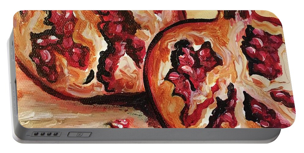 Fruit Portable Battery Charger featuring the painting Pomegranate by Karen Ferrand Carroll