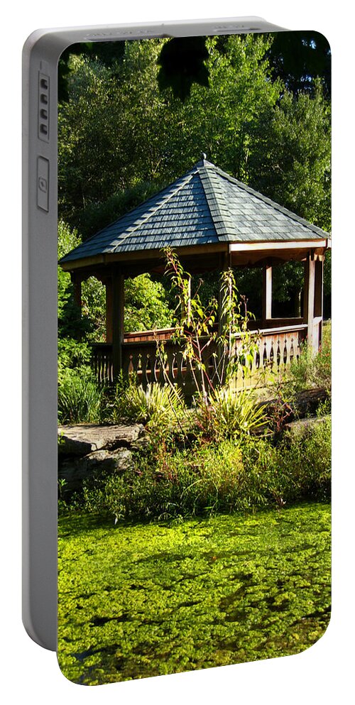 Tranquil Portable Battery Charger featuring the photograph Pond and Gazebo in Golden Hour, Early Autumn by Steve Ember
