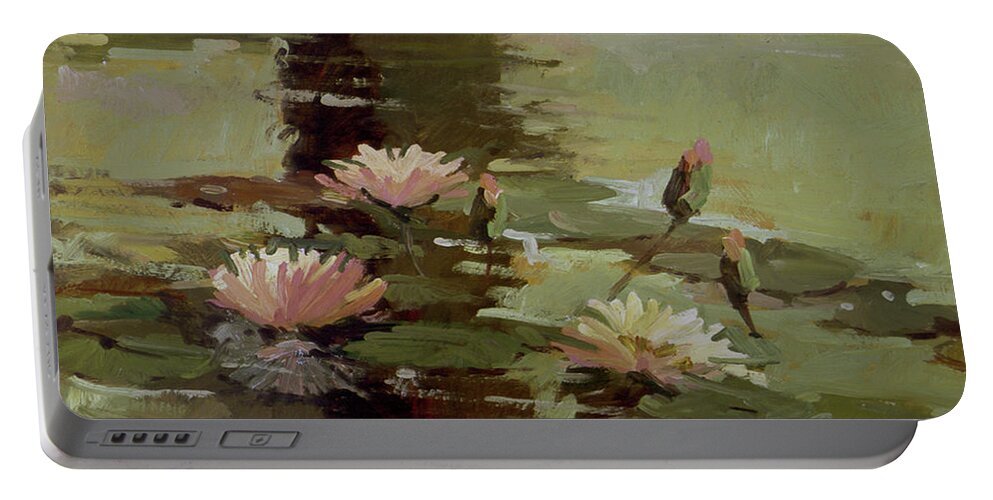 Water Lily Paintings Portable Battery Charger featuring the painting Pond Blossoms by Elizabeth - Betty Jean Billups