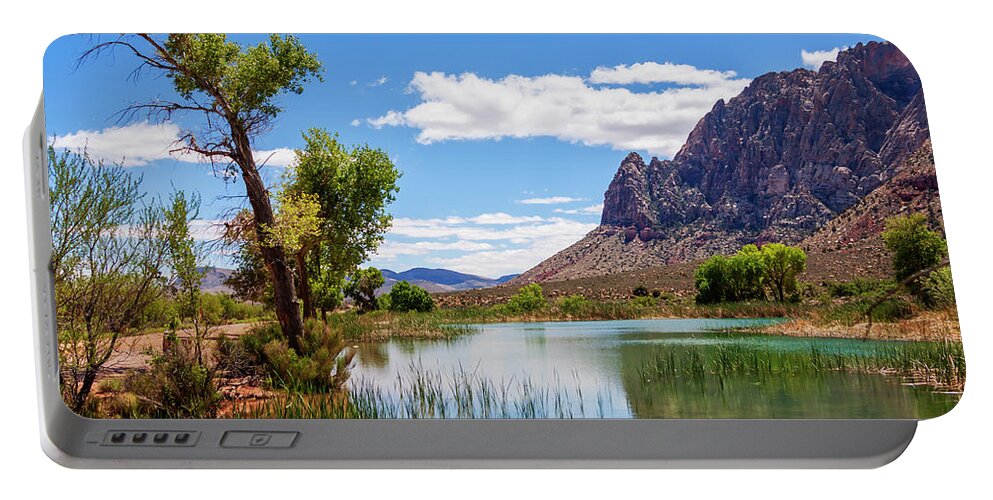 Pond Reflections Portable Battery Charger featuring the photograph Pond reflections in Mohave Desert, Nevada by Tatiana Travelways