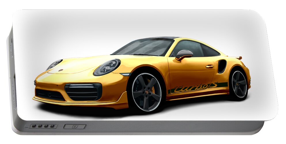 Hand Drawn Portable Battery Charger featuring the digital art Porsche 911 991 Turbo S Digitally Drawn - Gold with side decals script by Moospeed Art