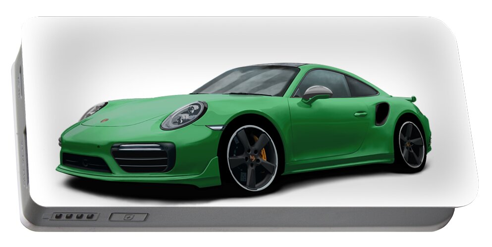 Hand Drawn Portable Battery Charger featuring the digital art Porsche 911 991 Turbo S Digitally Drawn - Green by Moospeed Art