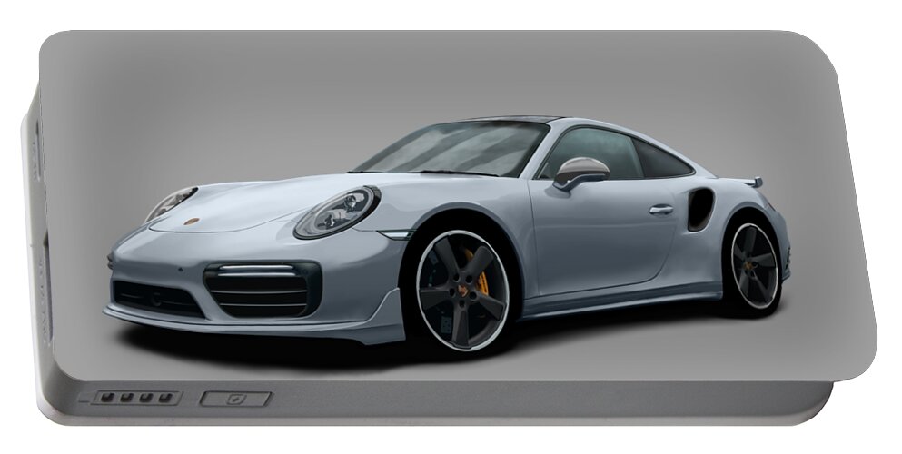 Hand Drawn Portable Battery Charger featuring the digital art Porsche 911 991 Turbo S Digitally Drawn - Grey by Moospeed Art