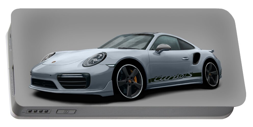 Hand Drawn Portable Battery Charger featuring the digital art Porsche 911 991 Turbo S Digitally Drawn - Grey with side decals script by Moospeed Art