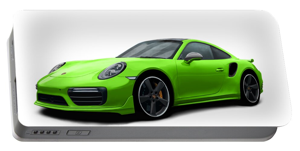 Hand Drawn Portable Battery Charger featuring the digital art Porsche 911 991 Turbo S Digitally Drawn - Light Green by Moospeed Art