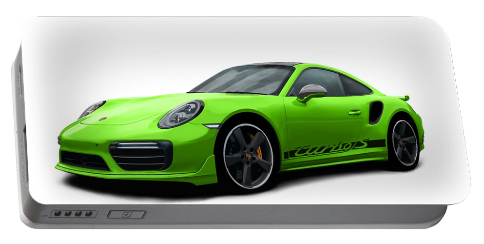 Hand Drawn Portable Battery Charger featuring the digital art Porsche 911 991 Turbo S Digitally Drawn - Light Green with side decals script by Moospeed Art