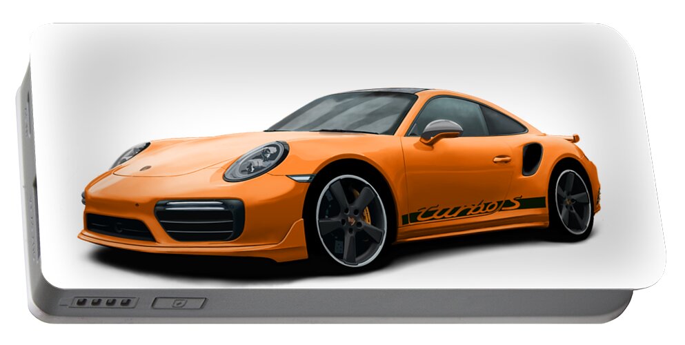 Hand Drawn Portable Battery Charger featuring the digital art Porsche 911 991 Turbo S Digitally Drawn - Orange with side decals script by Moospeed Art