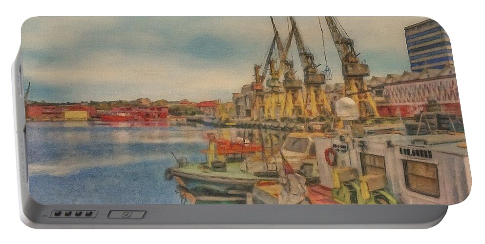 Black Sea Portable Battery Charger featuring the painting Port Constanta by Jeffrey Kolker