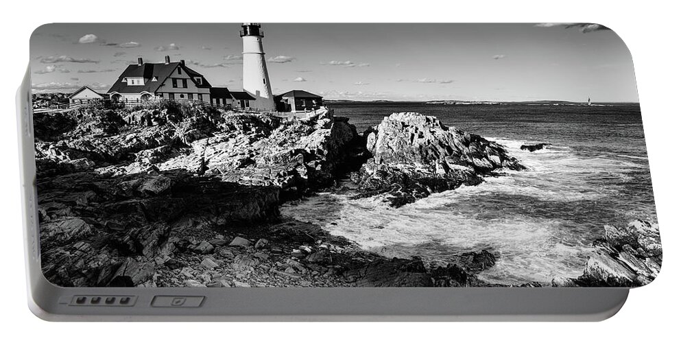 America Portable Battery Charger featuring the photograph Portland Head Light BW by Alexey Stiop
