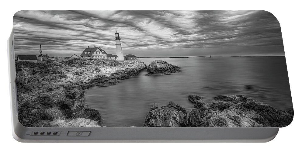 Portland Portable Battery Charger featuring the photograph Portland Head Light ME BW by Susan Candelario