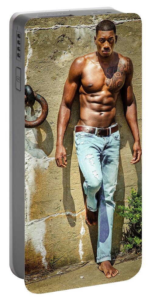 Young Portable Battery Charger featuring the photograph Portrait of Young Black Man in Hot Summer by Alexander Image