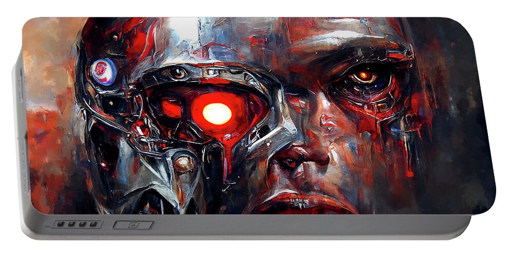 Robot Portable Battery Charger featuring the painting Postcards from the Future - Cyborg, 01 by AM FineArtPrints
