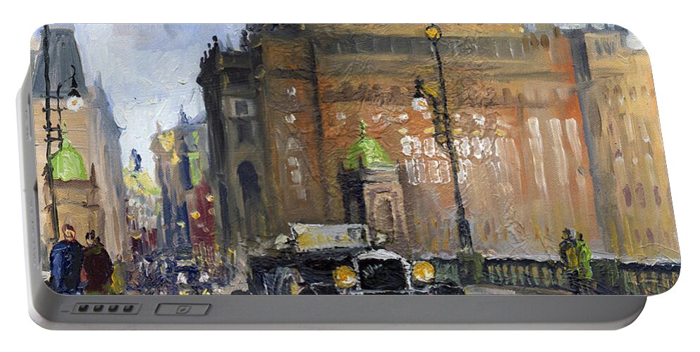 Oil Portable Battery Charger featuring the painting Prague National Theatre Old Car by Yuriy Shevchuk