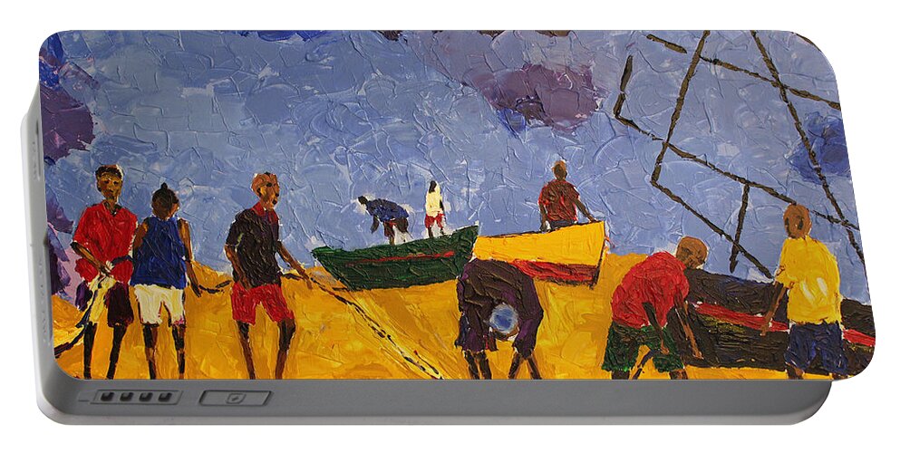 African Art Portable Battery Charger featuring the painting Preparing For The Catch by Tarizai Munsvhenga