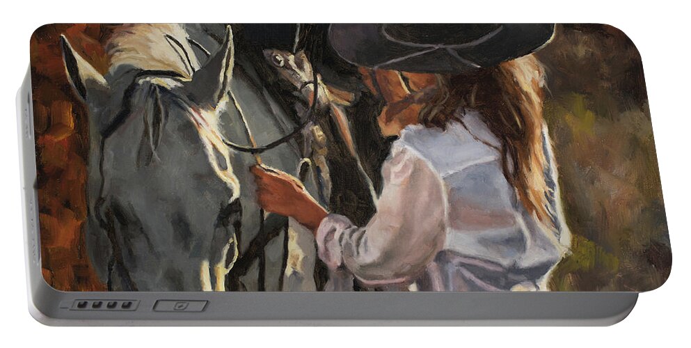 Cowgirl Portable Battery Charger featuring the painting Prepping for a ride by Tate Hamilton