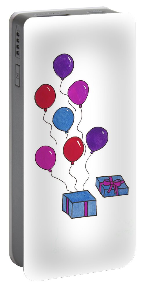 Birthday Portable Battery Charger featuring the mixed media Present and Balloons by Lisa Neuman