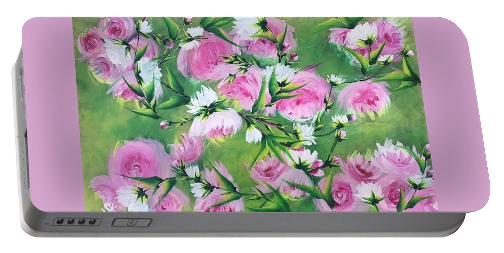 Pink Portable Battery Charger featuring the painting Pretty in pink by Sharron Knight