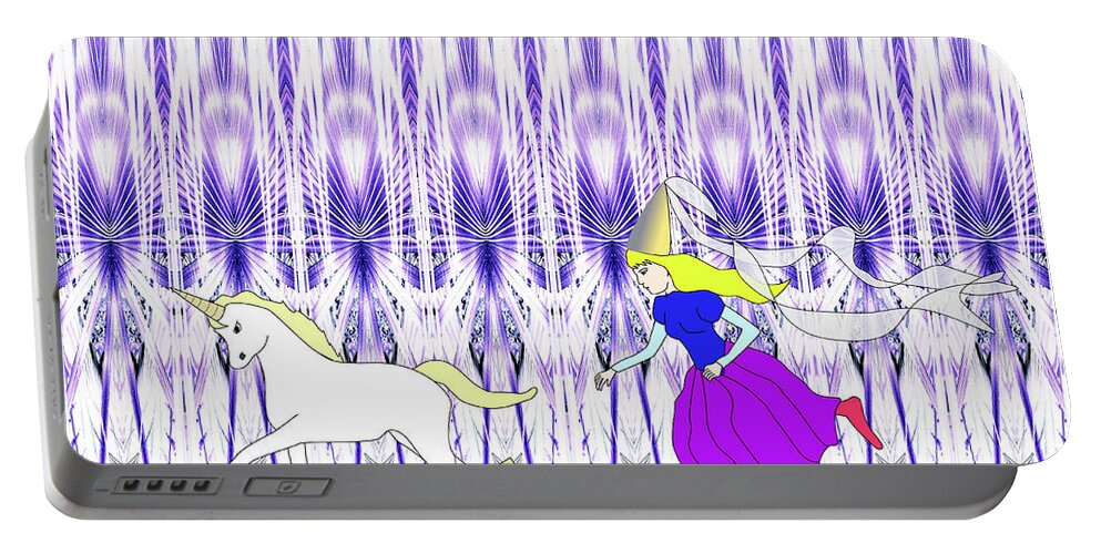 Princess Portable Battery Charger featuring the digital art Princess Runs with Unicorn by Teresamarie Yawn