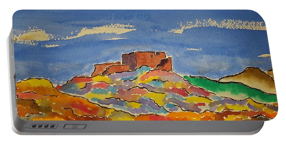 Watercolor Portable Battery Charger featuring the painting Pueblo of Lore by John Klobucher