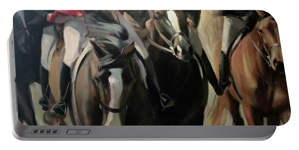 Horse Horses Foxhunt Animals Equestrian Oil Painting Contemporary Portable Battery Charger featuring the painting Pulling on the rein by Susan Bradbury