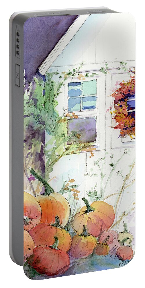 Pumpkins Portable Battery Charger featuring the painting Pumpkin harvest by Rebecca Matthews