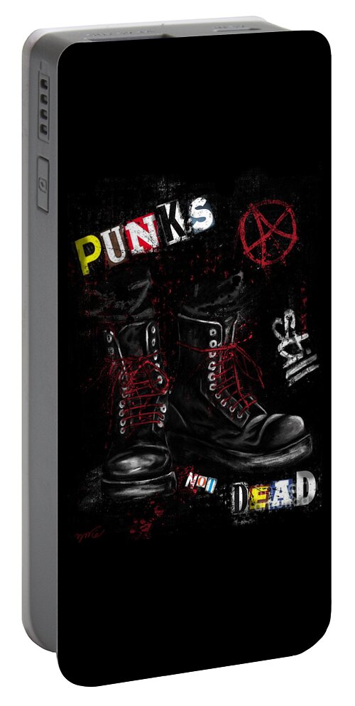Punk's Not Dead Portable Battery Charger featuring the painting Punk's not dead painting, punk rock boots by Nadia CHEVREL