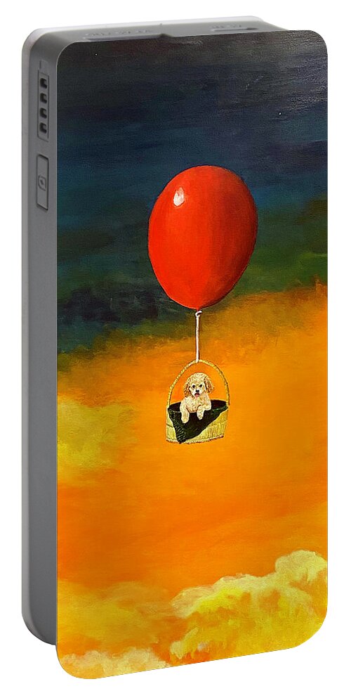 Balloon Ride Portable Battery Charger featuring the painting Pup, Up and Away by Thomas Blood
