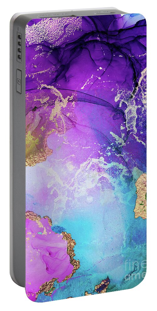 Purple Portable Battery Charger featuring the painting Purple, Blue And Gold Metallic Abstract Watercolor Art by Modern Art