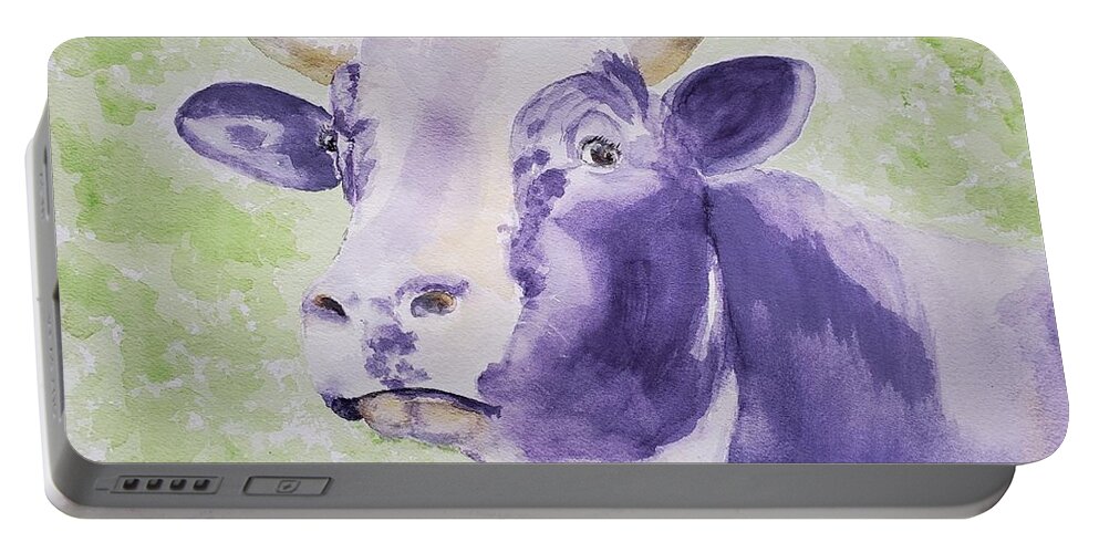 Purple Portable Battery Charger featuring the painting Purple Cow - Watercolor by Claudette Carlton
