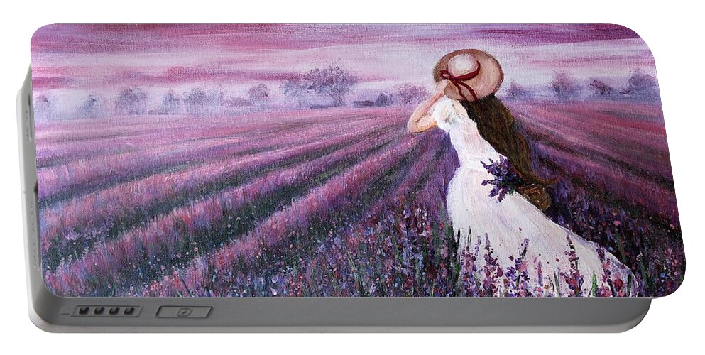 Landscape Portable Battery Charger featuring the painting Purple field by Vesna Martinjak