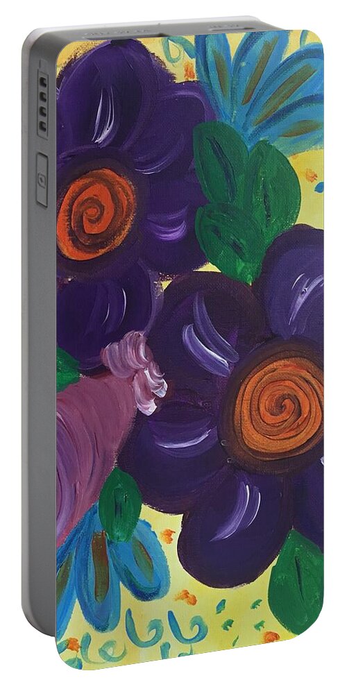 Acrylic Painting Portable Battery Charger featuring the painting Purple Pansy by Karen Buford