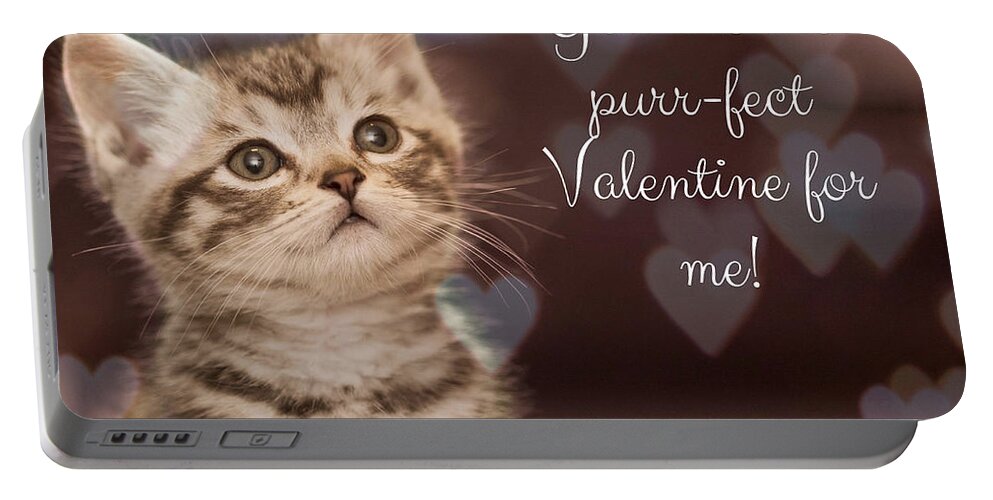 Valentine; Valentine Card; Hearts; Kitten; Cat; Bokeh; Cute; Portable Battery Charger featuring the photograph Purr-fect Valentine by Tina Uihlein