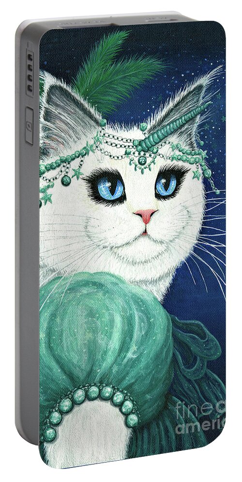 Princess Cat Portable Battery Charger featuring the painting Purrincess Isadora - White Cat Unicorn Princess by Carrie Hawks