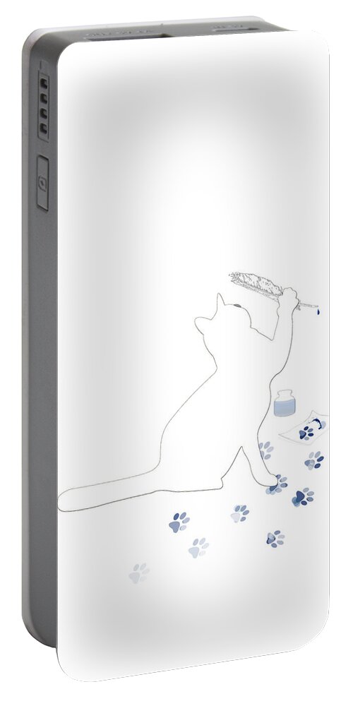 Cat Portable Battery Charger featuring the mixed media Putting Paw to Paper by Moira Law