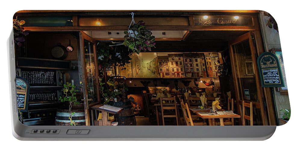 Cafe Portable Battery Charger featuring the digital art Quaint Paris Bistro by Jim Hatch